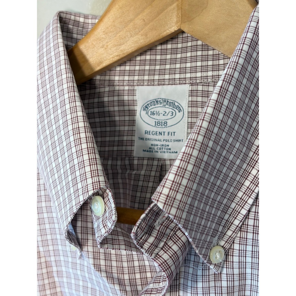 Brooks Brothers Regent Fit Non-Iron Shirt Mens 16.5 2/3 Burgundy White Check L